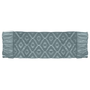 May include: A blue macrame table runner with a diamond pattern and fringe on the ends.