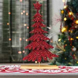 Christmas Tree Holiday Table Decor, Hand Beaded Dickens Holiday Tablescape with Gold Metal Stand, Mantel Xmas Decor - Red
