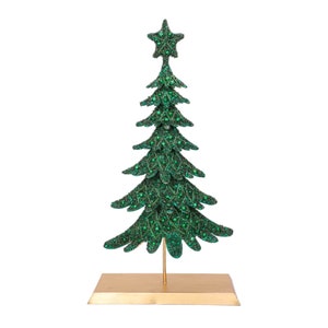 Christmas Tree Holiday Table Decor, Hand Beaded Dickens Holiday Tablescape with Gold Metal Stand, Mantel Xmas Decor - Green