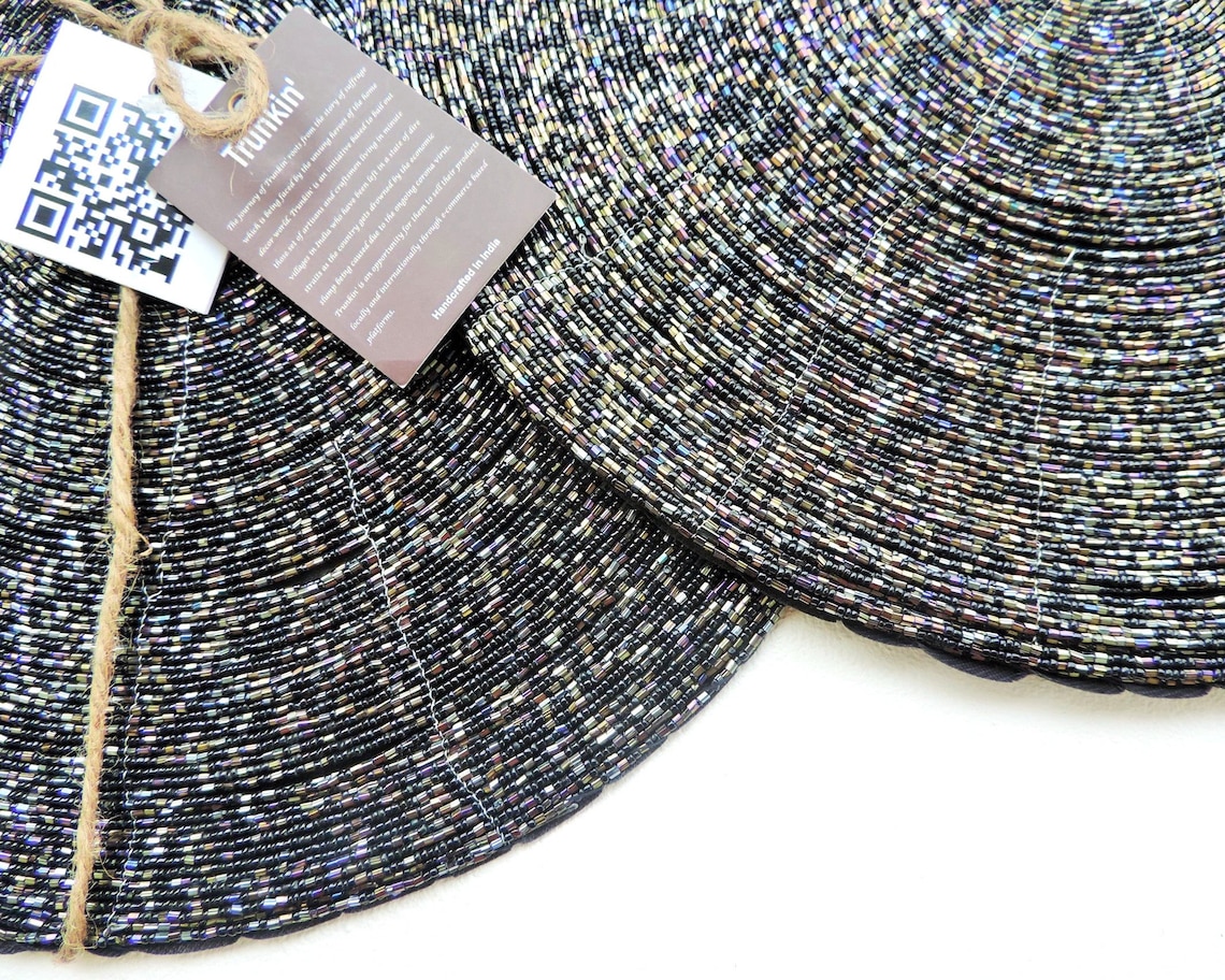 Black & Gold Placemat Round Table Placemats Glass Beaded Etsy