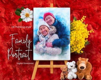 May include: Oil painting style family portrait of a couple in a watercolor style. The couple is standing close together, with the woman in a blue jacket and the man in a red hat. The painting is on a wooden easel with a yellow flower bouquet in the background.