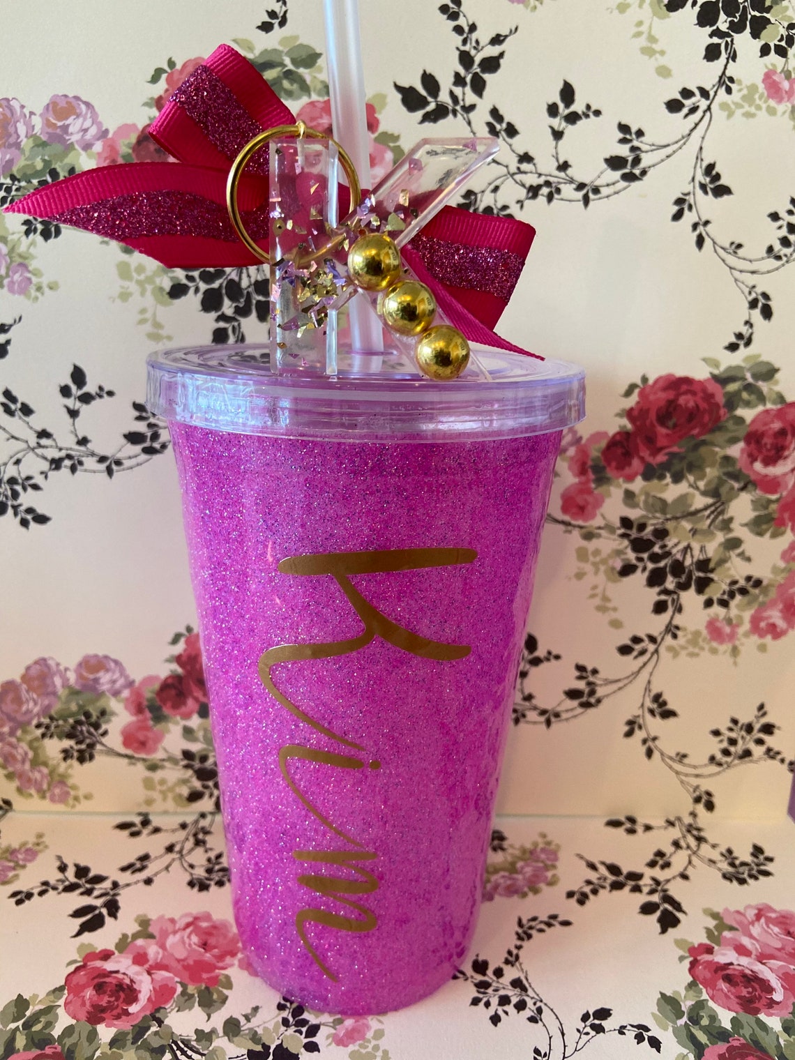 Glitter pink tumbler with key chain Etsy