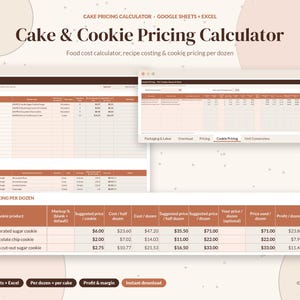 Könnte beinhalten: Eine digitale Cake & Cookie Pricing Calculator Tabellenvorlage für Google Sheets und Excel. Die Benutzeroberfläche zeigt Rezeptkalkulationen, Zutatenlisten und Keks-Preise pro Dutzend mit Spalten für Aufschlag, Gewinn und Marge.