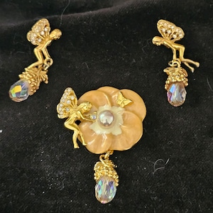 Kirks Folly Vintage Enamel Pansy Golden Fairies Brooch & Earrings Fairytale Set