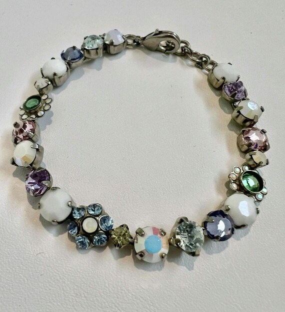 Vintage Sorrelli Fresh Spring Flowers Rhinestone & Milk Glass Bracelet 8 Inches View 2