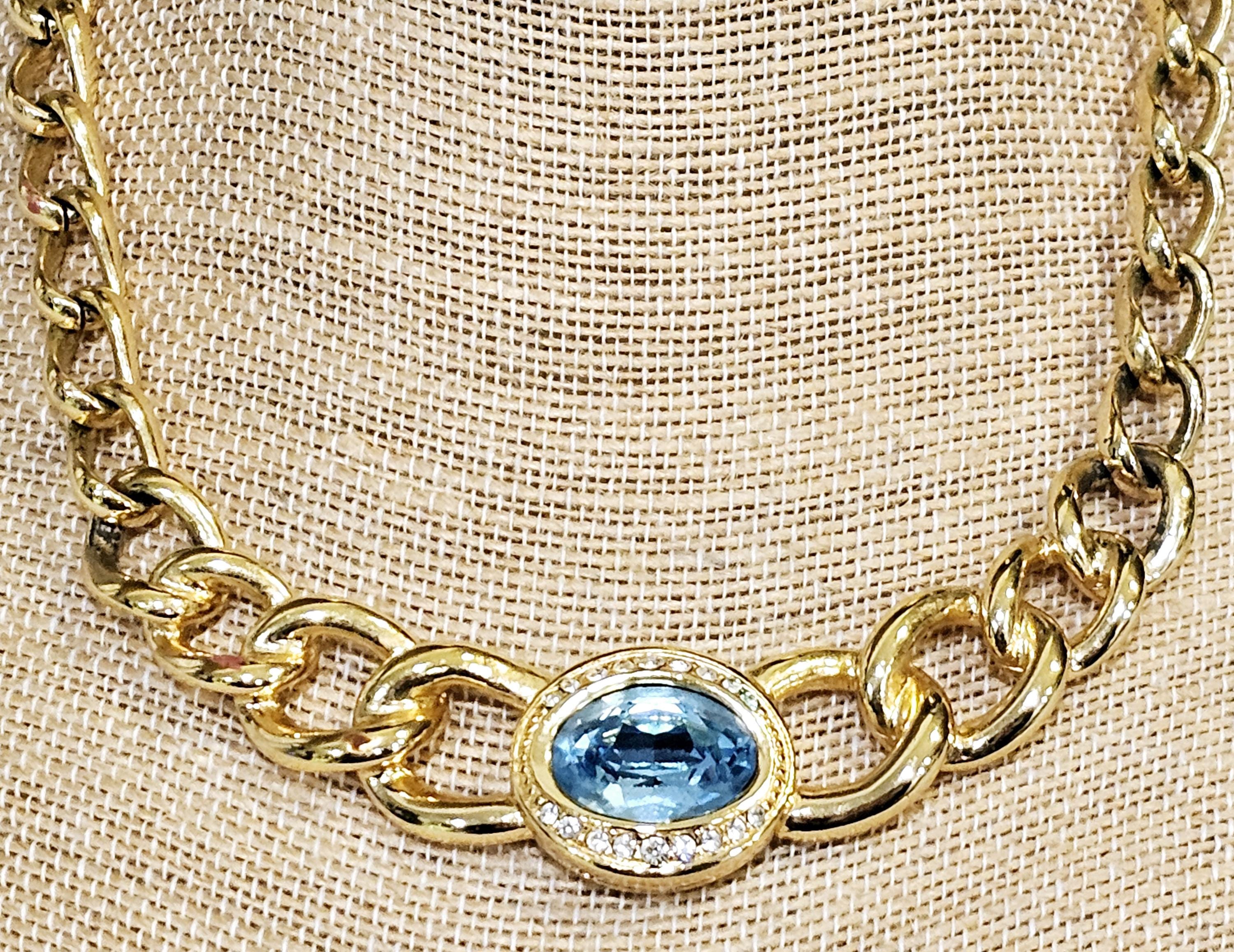 Vintage Christian Dior Aqua Blue Oval Crystal Interlocked Chunky