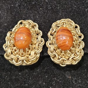 MIRIAM HASKELL Vintage Signed Chain & Agate Marbelized Brown Glass Earrings