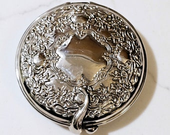 Rétroviseur compact 2 faces pour dames plaqué argent vintage, compact, repoussé détaillé