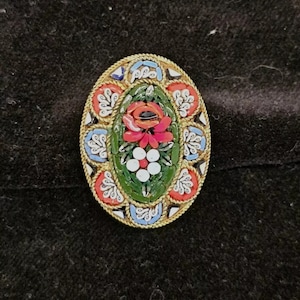 Micro Mosaic Gold Plated Almond Shaped Floral Pin 2” Italian Vintage