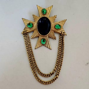 Miriam Haskell Vintage Maltese Cross Green Gold Chain Large Brooch 1950s Rare