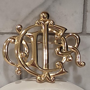 Vintage Christian Dior Gold Plated CD Monogram Logo  Signed Designer Brooch Pin