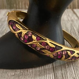 Joan Rivers Vtg Signed Enamel Purple Pink Crystals & Gold Floral Bangle Bracelet