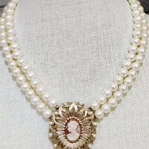 Miriam Haskell Original Vintage Signed Pink Cameo Pearl Double Strand Necklace