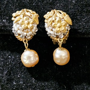 Miriam Haskell Vintage Baroque Pearl 3 Layers Dangle Drop Gold Floral Earrings * Brass Floral Top * Baroque Seed Pearls * Rhinestones *
