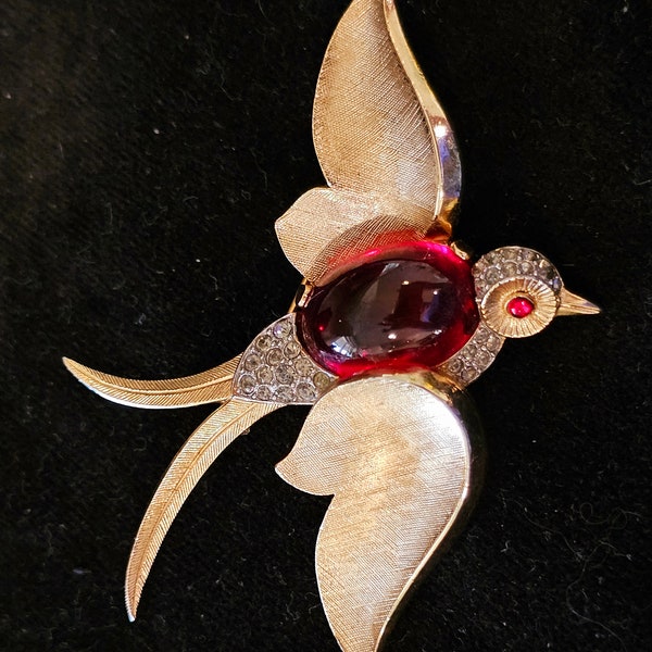 Crown Trifari Vtg. Signed BOOKED Alred Philippe Red Swallow Jelly Belly Brooch