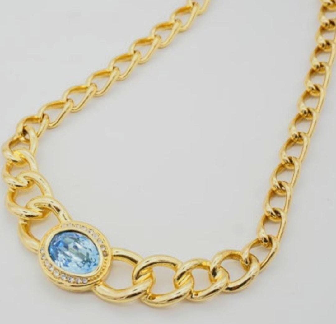Vintage Christian Dior Aqua Blue Oval Crystal Interlocked Chunky