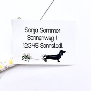 Könnte beinhalten: Eine weiße Karte mit dem Namen "Sonja Sommer" und Adressdetails in schwarzer Schrift. Rechts eine Illustration eines schwarzen Dackels, mit einer gepunkteten Linie, die von einem floralen Umschlag links führt. Der Hintergrund ist weiß mit goldenen Sonnendesigns.