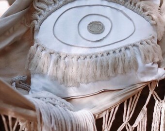 Boho pillow. Boho home decor. Boho gift. Unique pillow. Pillow decor. Pillow art. Boho macrame. Pillow with eye. Macrame eye.