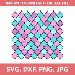 Può includere: Un design digitale con un motivo ripetitivo di squame di sirena rosa, blu e viola. Le squame sono contornate di nero e disposte in uno schema sfalsato.