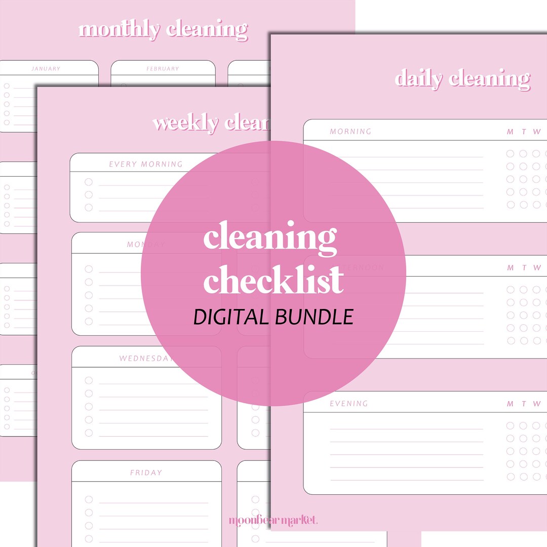 Pink Keep It Clean Cleaning Checklist Digital Bundle Printable Letter Size Fillable PDF Daily
