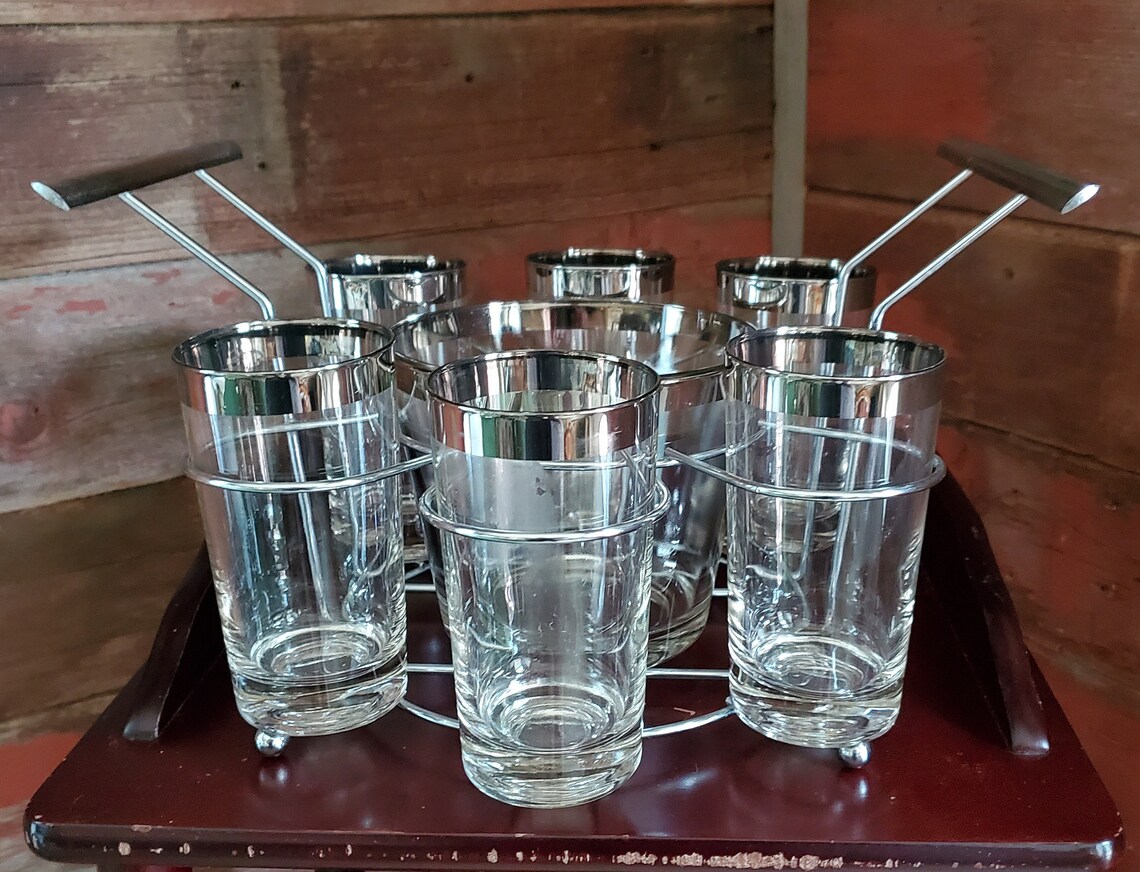 Vintage Silver Rimmed Drinking Glasses with Ice Bucket and Etsy