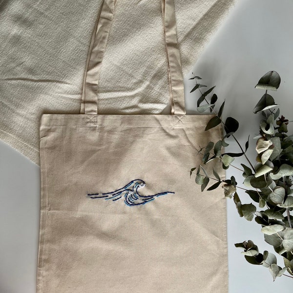 Beutel Welle Jutebeutel Totebag Baumwolle Embroidery Ästhetisch Minimalistisch handbestickt maritim Einkaufsbeutel Shoppen