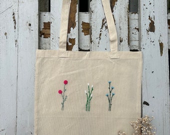 Beutel Blumen Jutebeutel Totebag Baumwolle Embroidery Ästhetisch Minimalistisch handbestickt Blumenmotiv Einkaufsbeutel Shoppen