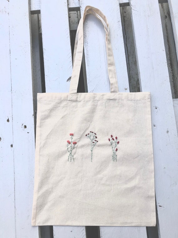 Flower Bag Red Minimalist Hand Embroidered Embroidery Shopper