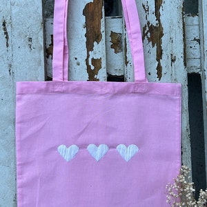 Bolsa Corazones Bolsa de yute Totebag Algodón Bordado Estético Minimalista Bordado a mano Día de San Valentín Bolsa de compras Compras imagen 1