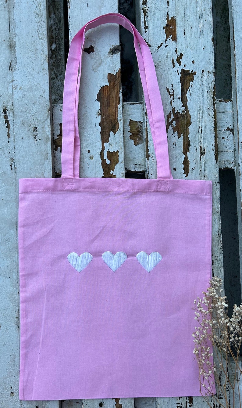 Bolsa Corazones Bolsa de yute Totebag Algodón Bordado Estético Minimalista Bordado a mano Día de San Valentín Bolsa de compras Compras imagen 1