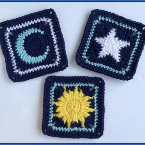 Celestial Granny Squares Crochet Pattern PDF, Sun, Moon, and Star Design