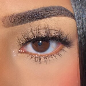 May include: Close-up of a brown eye with long, dark eyelashes and a well-defined eyebrow. The eye is framed by light skin with a hint of blush. The eyelashes are thick and appear to be false eyelashes.