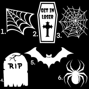 Sarg | Spinnweben | Grabstein| Fledermäuse | Spinnen | Horror | Gestanzte glänzende Vinyl Aufkleber | Wasserfest Weiß
