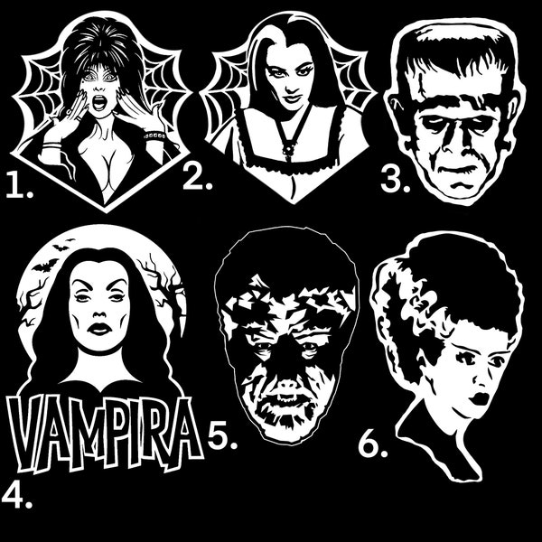 Elvira | Lily Munster | Frankenstine | Vampira | Bride of Frankenstine | Wolfman | horror | Die Cut Glossy Vinyl Decal | Waterproof White