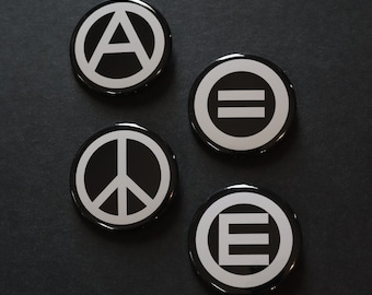 Peace, Equality, (A), (E) Symbols Pinback Buttons - Choose from 4 Sizes