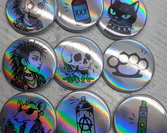 1.75" Holographic Punk Doodle Pinback Buttons