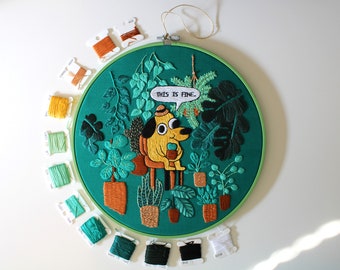 Handmade embroidery | This is fine dog with houseplants