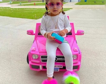 kids faux fur slides