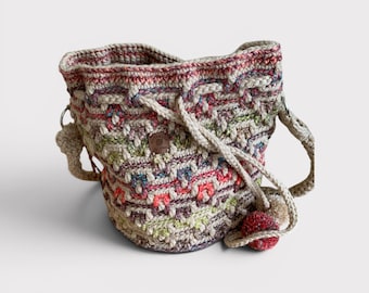Sac seau au crochet fait main : sac à bandoulière vintage en mosaïque avec cordon de serrage
