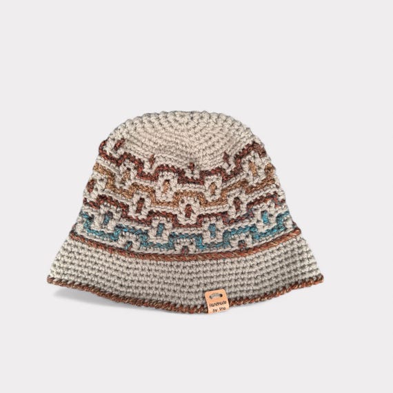 Handmade Crochet Mosaic Bucket Hat: Colorful Boho Festival  display picture 2