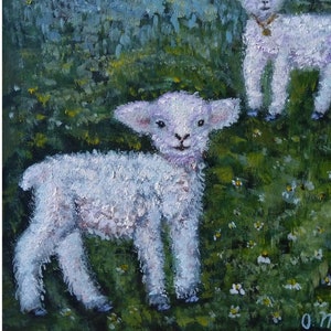 Lambs Painting Animal Original Art Impasto Oil Painting Sheep Farm Landscape Small Oil Painting Square Painting 8х8&quot; Wall Art by OlgaMolArt