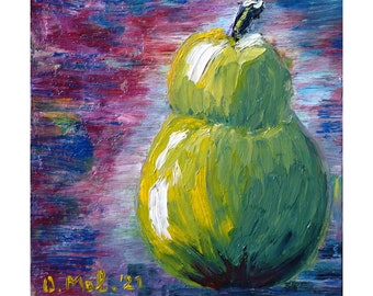 Pear Green Miniature Painting Original Art Oil Artwork Impasto Still Life Fruit Mini Wall Decor 5.5 by 6" Modern Wall Art by OlgaMolArt