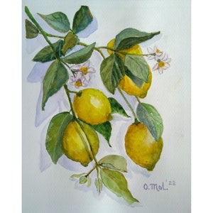 Lemon Watercolor Painting Original Art Food Kitchen Decor Citrus Fruit Painting Miniature Landscape 10" by 8" Modern Wall Art by OlgaMolArt