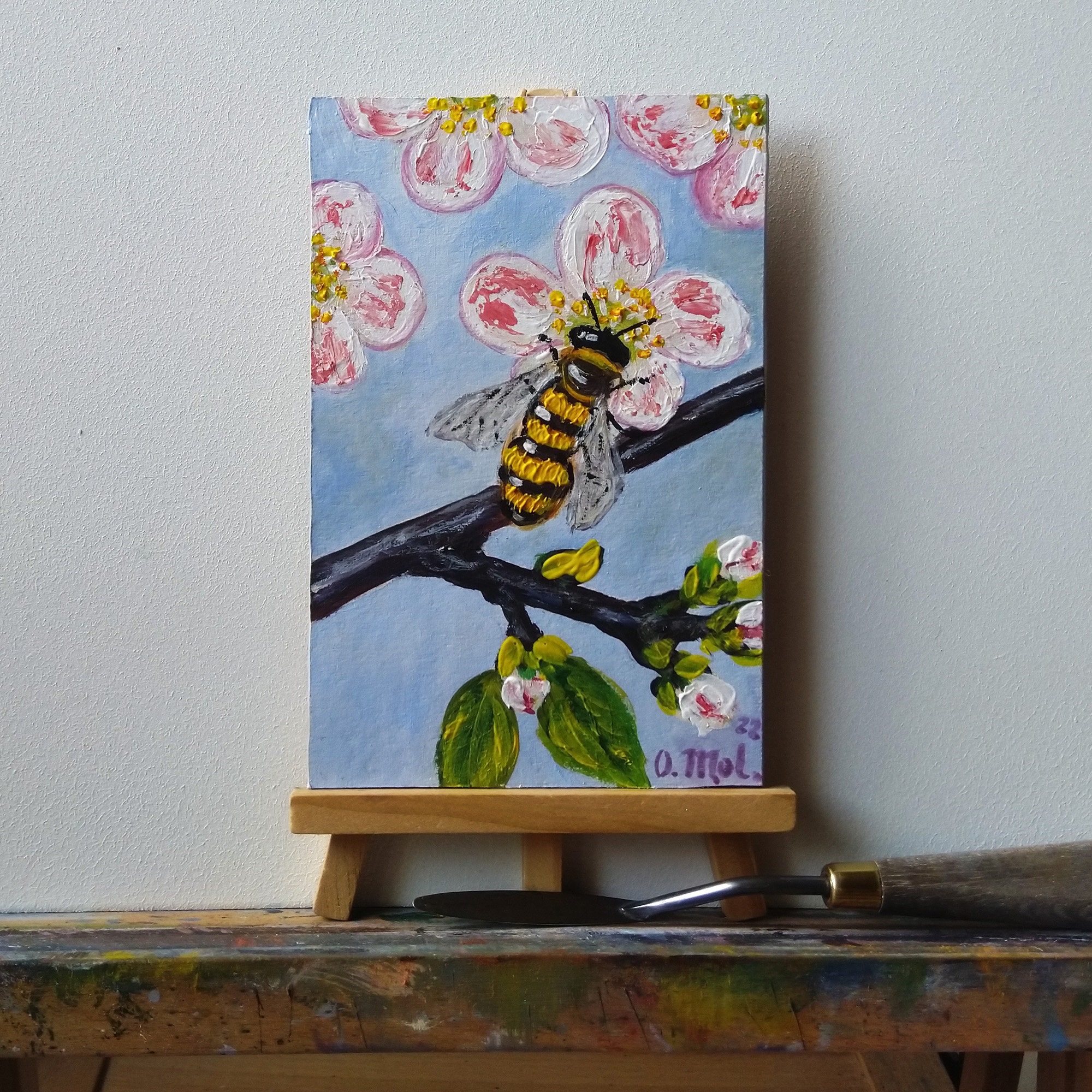 Bee Painting Flower Original Art Impasto Acrylic Painting Cherry ...