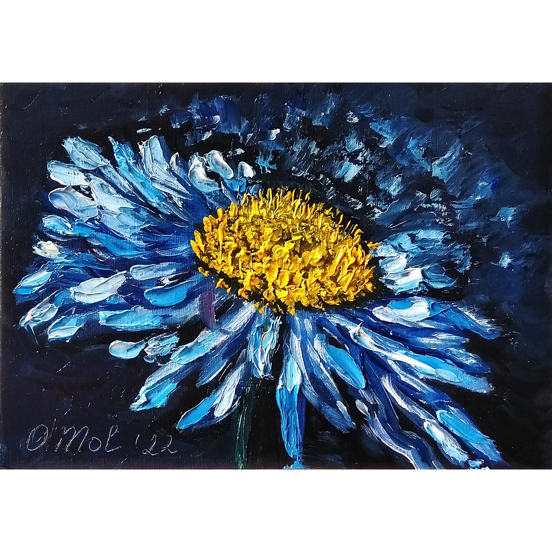 Daisy Painting Floral Original Art Blue Flower Artwork Impasto Oil ...