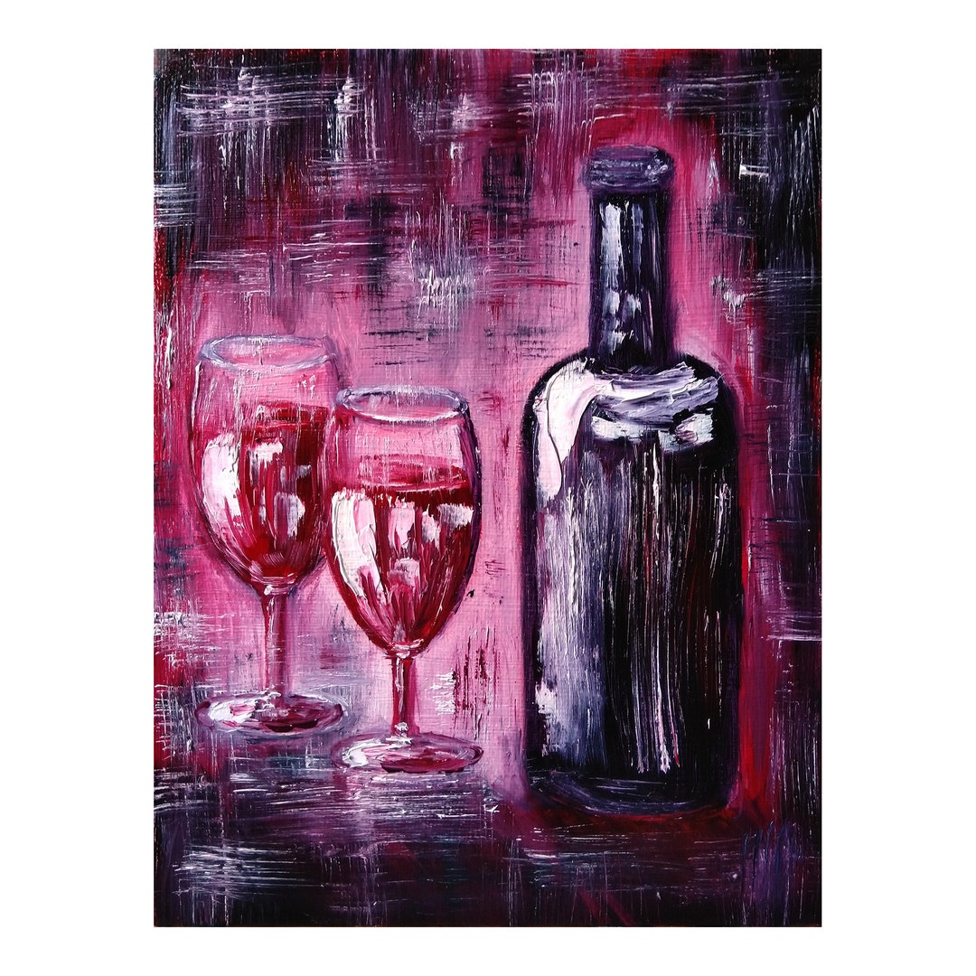 Wine Bottle Painting Romantic Original Art Modern Bar Art Impasto Oil ...
