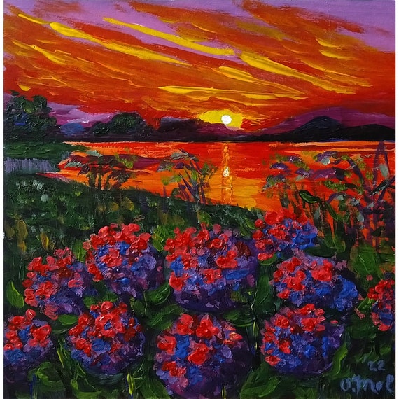 Hydrangea Painting Flower Original Art Sunset Landscape Miniature