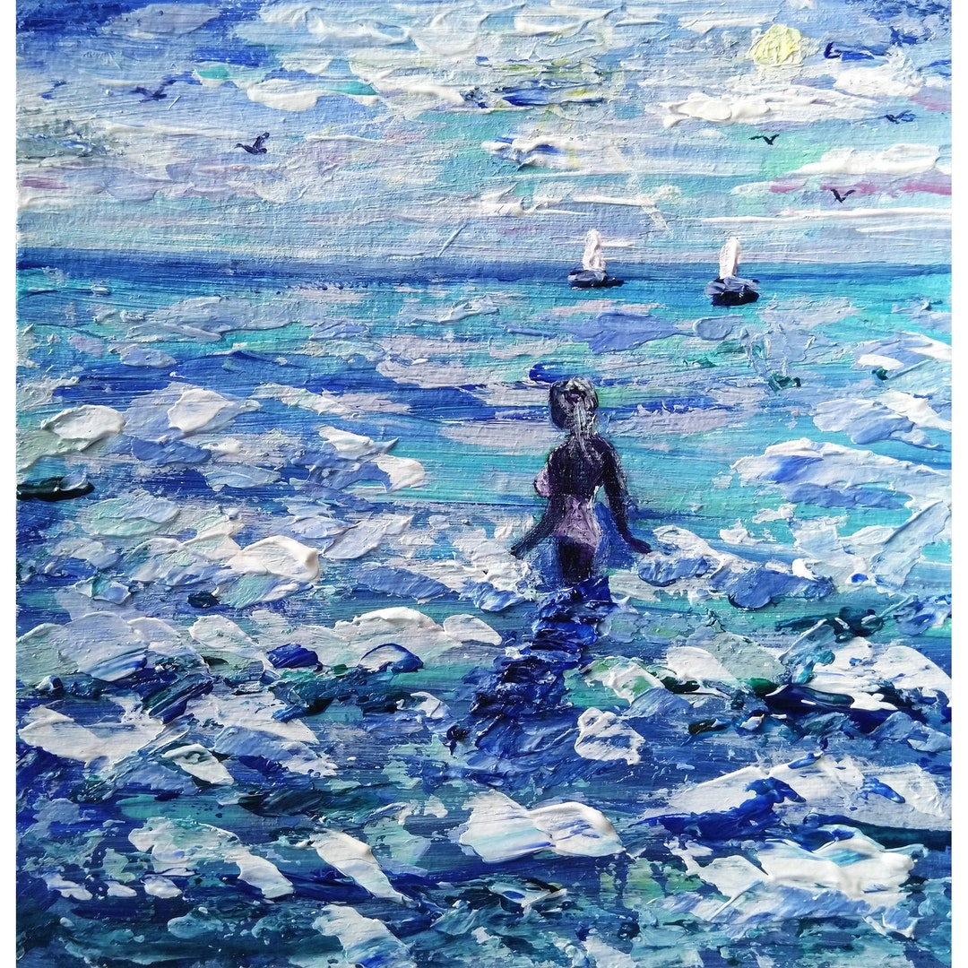 Girl in Sea Waves Painting Seascape Original Art Small Beach Painting ...