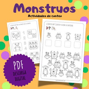 Puede incluir: Hoja de trabajo imprimible en blanco y negro con las palabras en español "Monstruos" y "Actividades de conteo". La hoja de trabajo presenta dos actividades para contar monstruos. La primera actividad pide al usuario que cuente el número de monstruos en cada cuadro y luego escriba el número. La segunda actividad pide al usuario que cuente el número de monstruos en la imagen y luego escriba el número en el cuadro.