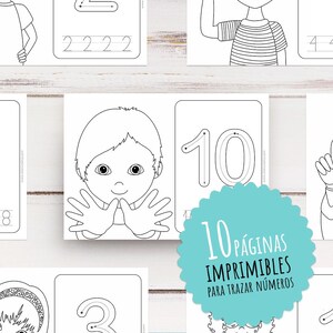 Puede incluir: Hojas de trabajo imprimibles en blanco y negro para trazar los números del 1 al 10. Cada hoja de trabajo presenta un personaje de dibujos animados con un número de dedos que corresponde al número que se está trazando. El texto "10 Páginas Imprimibles Para Trazar Números" está en un círculo azul verdoso.